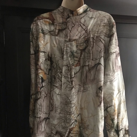 New Hilton Hollis Brown Beige Tan Orange Button Abstract Blouse Tunic Top $380 - Picture 2 of 6